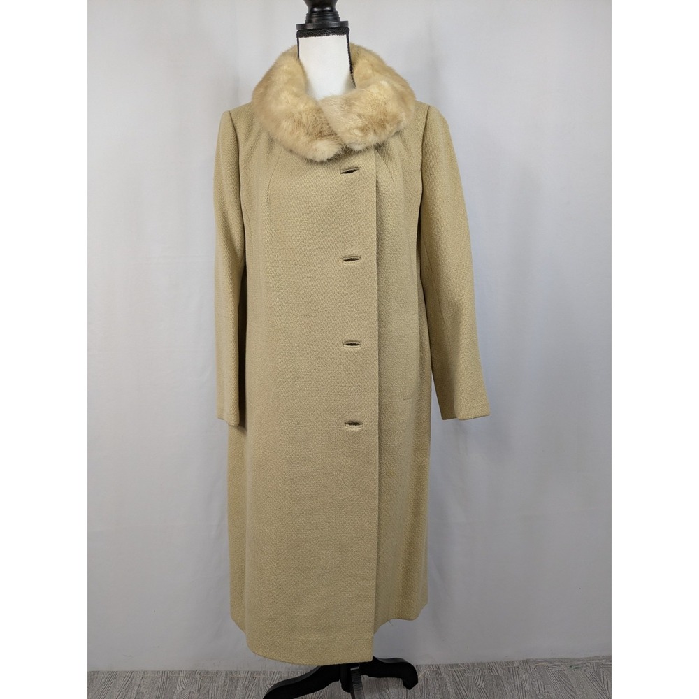 Vtg Beige Boucle Coat Fur Collar Carnivale Country Tweed Old Money Formal A056